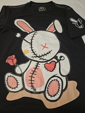 Black Graphic Bunny Tee with Pink Accents